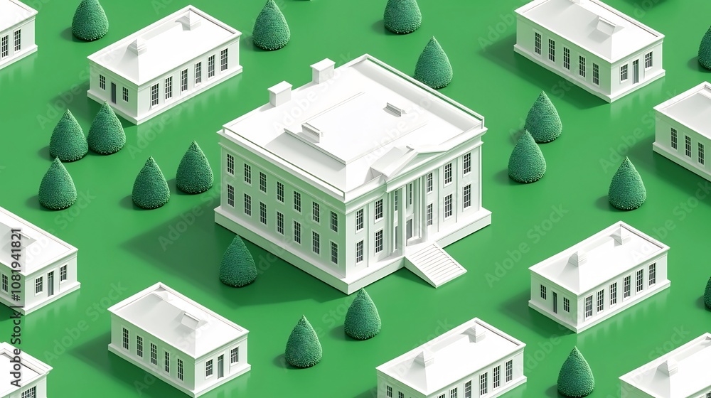 Isometric White House Pattern on Solid Green Background Isometric White House Pattern on Solid Green Background