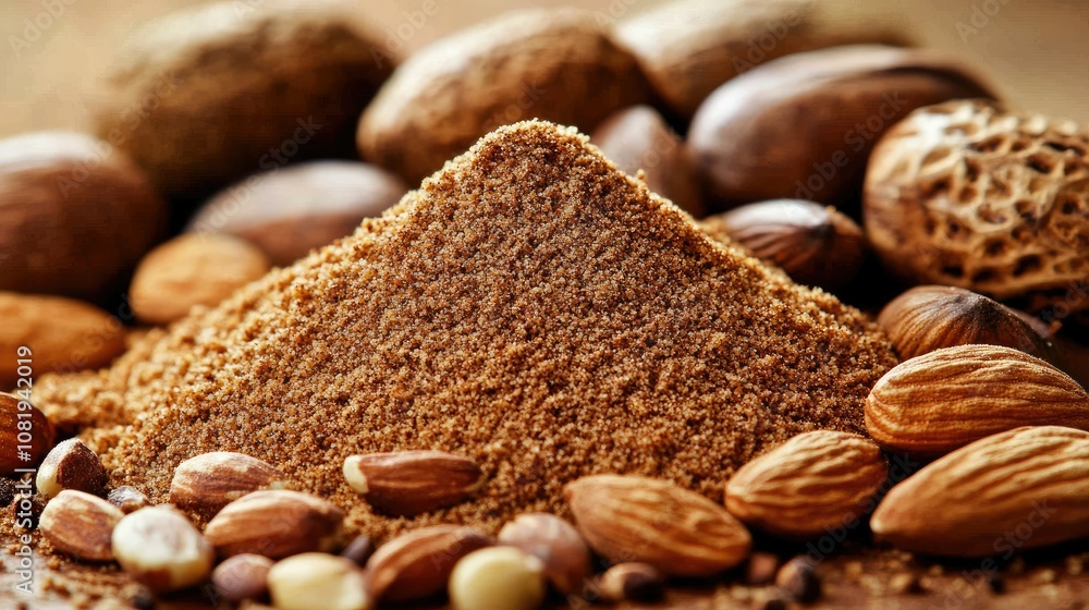 Ground Nutmeg with Nuts on Wooden Surface Ground Nutmeg with Nuts on Wooden Surface