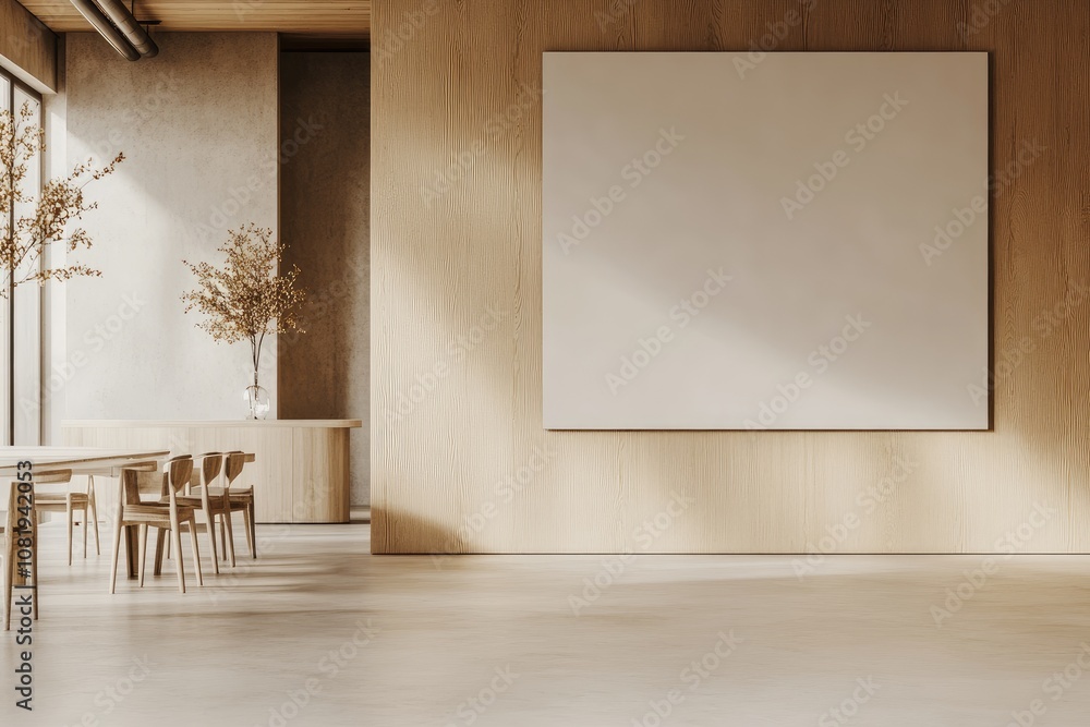 Modern Office with White Concrete Floor, Light Wood Walls, and Blank Screen Mockup Above Conference Table Modern Office with White Concrete Floor, Light Wood Walls, and Blank Screen Mockup Above Conference Table