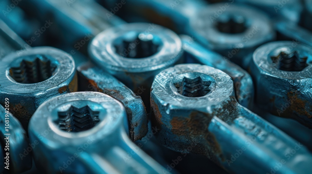 Close-up of a row of blue metal hexagonal nuts with a shallow depth of field. Close-up of a row of blue metal hexagonal nuts with a shallow depth of field.