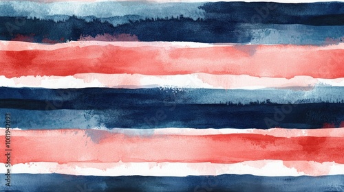 A vibrant watercolor painting featuring bold red, navy blue, and white horizontal stripes.