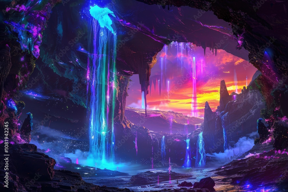 Obraz premium A View from a Cave Opening into a Neon-Lit Fantasy Landscape