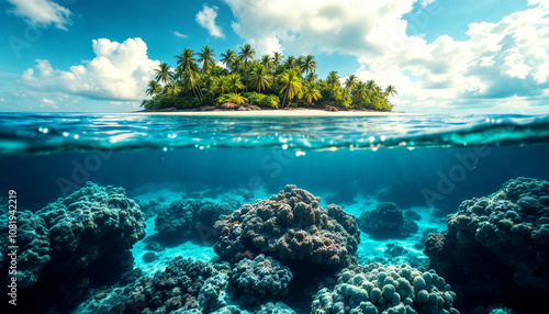 Beautiful Tropical Island And Coral Reef - Split View With Waterline.