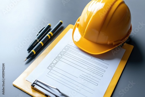 Site inspection action report construction site document overview professional environment top-down view safety compliance
