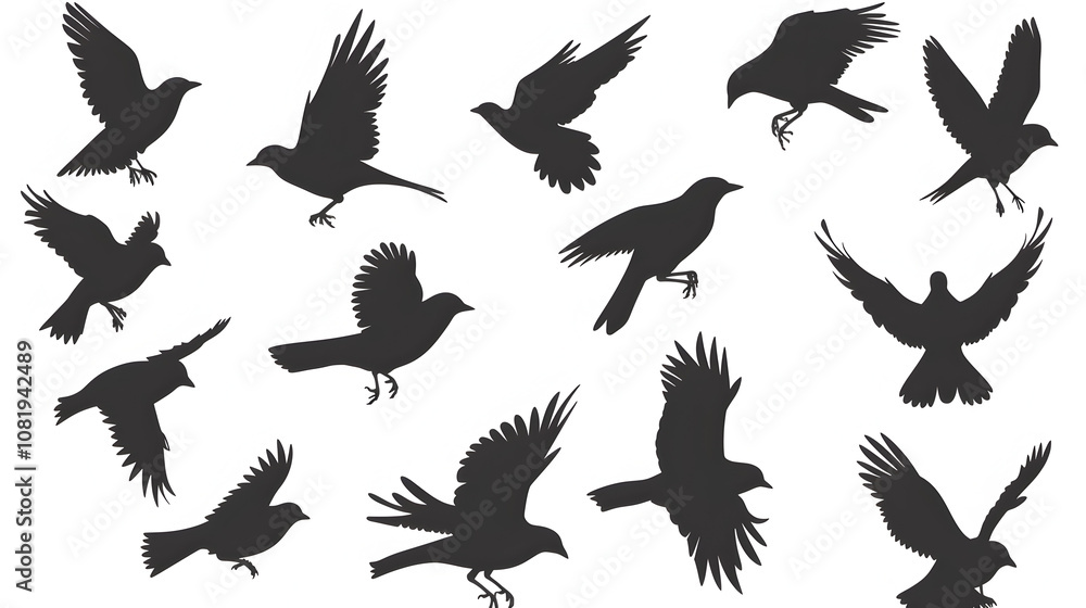 Obraz premium Sequential series vector of crow flying on white background Starlings sitting on wires and flying into the sky. Flying birds silhouette flock. hand drawing Vector illustration, Generative AI