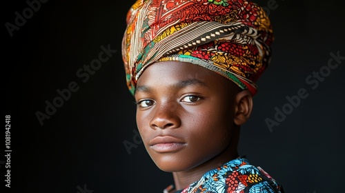 A young individual wearing a vibrant, intricately patterned headwrap and traditional attire, exuding poise and cultural richness against a dark background.