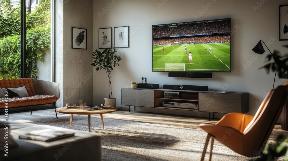 A sleek and modern living room with a large TV displaying a World Cup match, stylish furniture and decor, creating a relaxed environment for watching live football A sleek and modern living room with a large TV displaying a World Cup match, stylish furniture and decor, creating a relaxed environment for watching live football