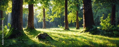 Exploring a mystical ancient oak grove in a sunlit forest