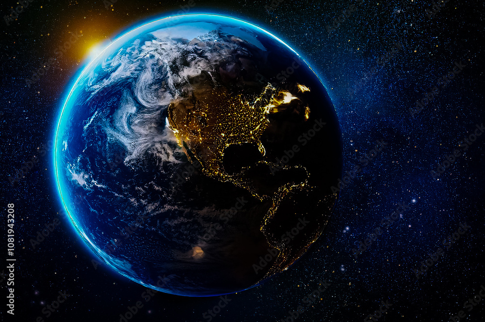 Obraz premium Nächtlicher Planet Erde im dunklen Weltraum