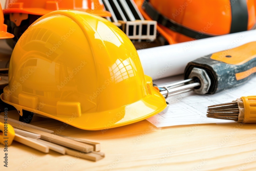 Construction tools and safety equipment workshop photography professional setting close-up teamwork Construction tools and safety equipment workshop photography professional setting close-up teamwork