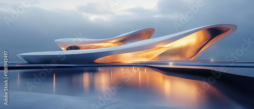 Futuristic Recreation Facility with Curved Organic Architecture and Reflective Pool night