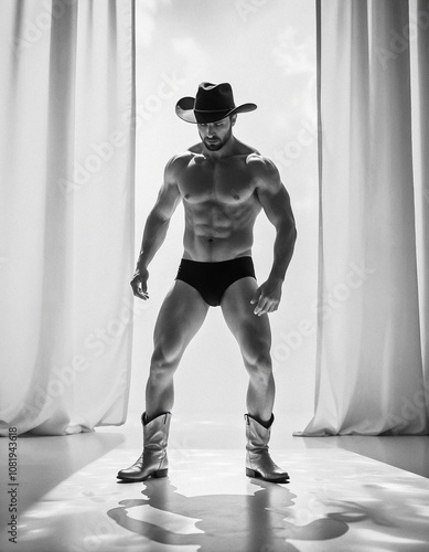 Male striptease dancer in cowboy hat and boots