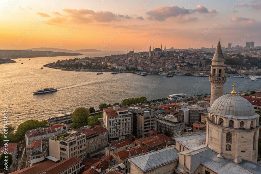 Naklejka premium Stunning Aerial View of the Bosphorus from Galata Tower at Sunset, Capturing the Enchanting Cityscape of Istanbul's Beyoglu and Asian Side in One Breathtaking Panorama