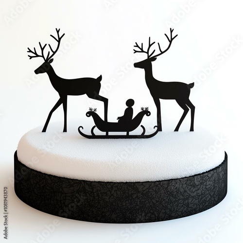 Christmas blank podium background design Die-cut deer and sleigh decoration on white background. photo