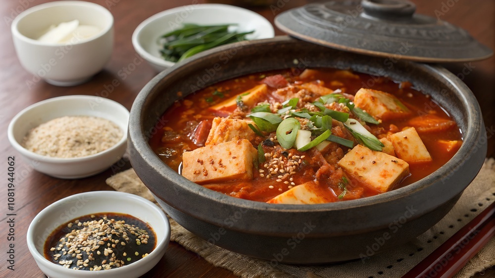 Ingredients for kimchi stew on a wooden table Ingredients for kimchi stew on a wooden table