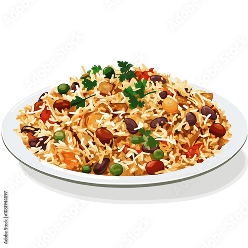 Traditional Afghan Kabuli Pulao with Nuts and Raisins in White Bowl