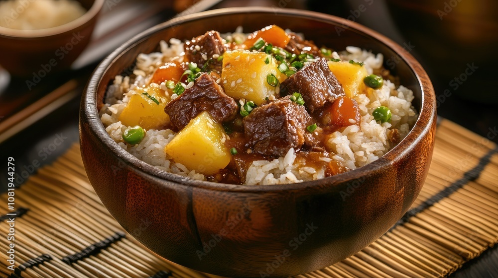 Savory Stew in Wooden Bowl with Rice Savory Stew in Wooden Bowl with Rice