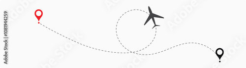 Airplane line path vector icon set of air plane flight route with start point and dash line trace. Plane vector icon and dotted line airplane path 17