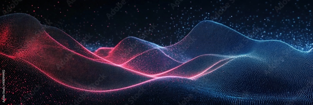 Abstract visualization of glowing wave patterns in vibrant red and blue colors against a dark background, creating a dynamic and futuristic atmosphere of flowing energy. Abstract visualization of glowing wave patterns in vibrant red and blue colors against a dark background, creating a dynamic and futuristic atmosphere of flowing energy.