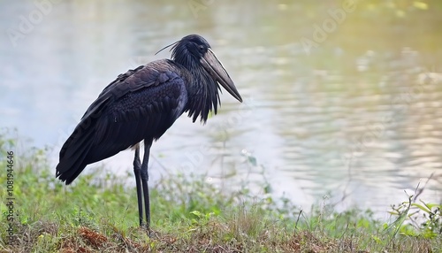 African openbill - Anastomus lamelligerus - are large, long legged, long necked wading birds with long, stout bills.  they use soaring, gliding flight, which conserves energy photo