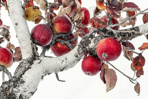 Red apples on a birch tree branch.