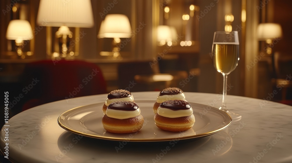 Four Chocolate-Topped Pastries on a White Plate Four Chocolate-Topped Pastries on a White Plate