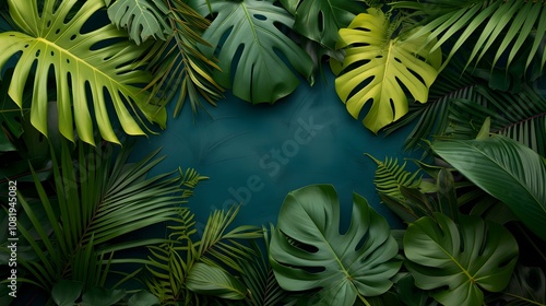 Fototapeta Naklejka Na Ścianę i Meble -  Tropical Leaves Illuminated with space and Notanical herbal exotic tropical plants herbs flowers botanical foliage background nature jungle lanfscape. Graphic Art