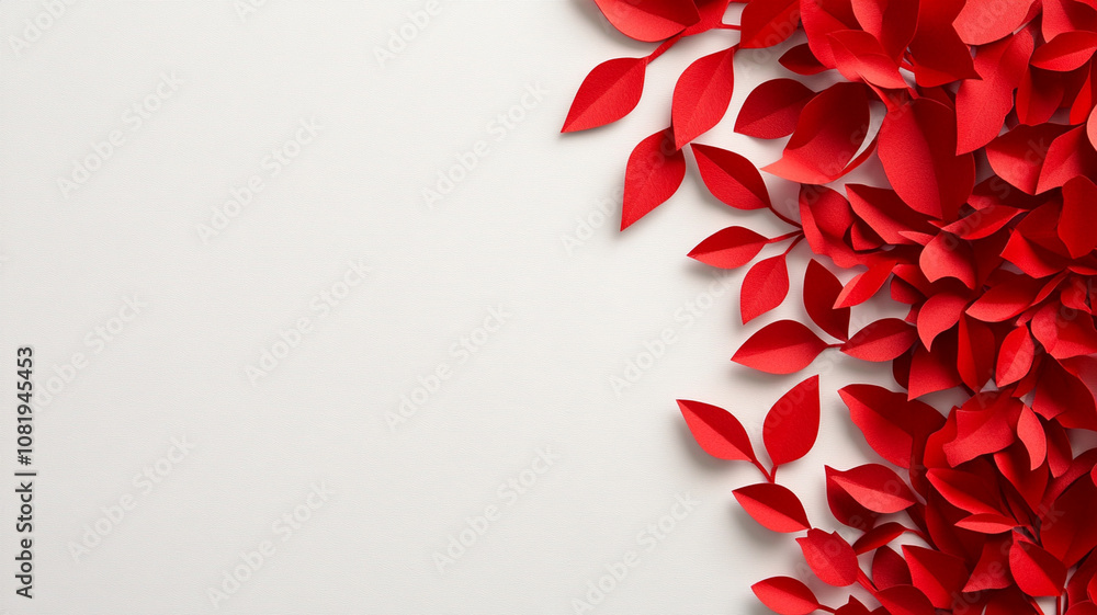 Red paper leaves on white background create vibrant, minimal design Red paper leaves on white background create vibrant, minimal design