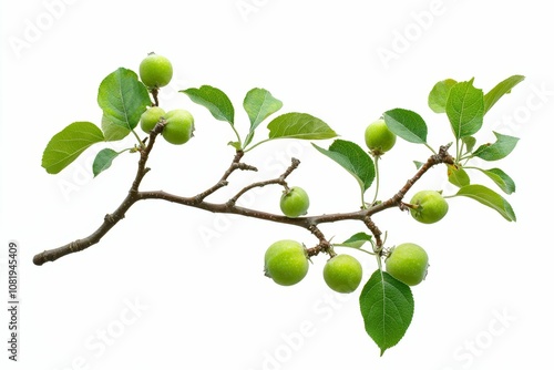 Green apples and leaves on a branch.