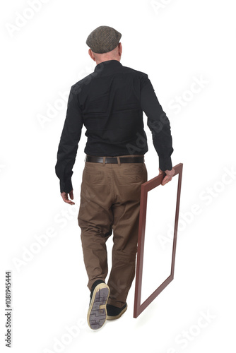 rear view of a man walking and carrying a blank frame on white background