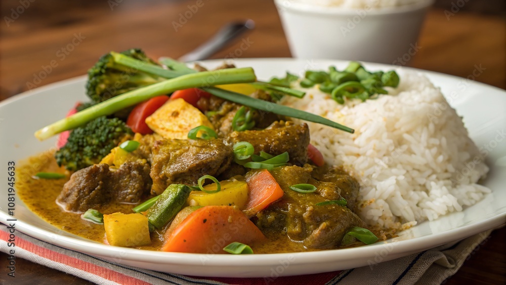 Jamaican curry goat with rice and vegetables Jamaican curry goat with rice and vegetables