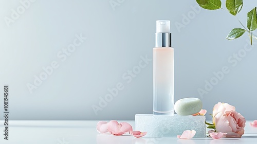 A bottle of facial cleanser on a glass block, surrounded by rose petals and a jade roller, in a minimalist style with a clean background. Product photography with high resolution, studio lighting,