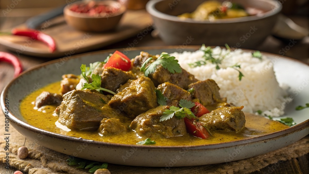 Curry goat stew with rice and vegetables in bowl Curry goat stew with rice and vegetables in bowl