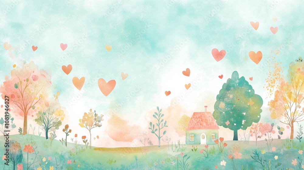 watercolor painting style illustration of a cute lovely house on hill with heart balloons floating around watercolor painting style illustration of a cute lovely house on hill with heart balloons floating around