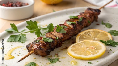 Grilled beef kebab with lemon slices and parsley