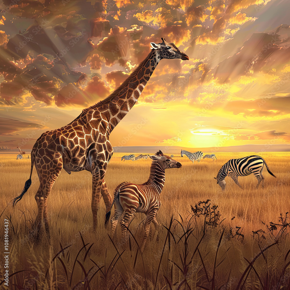 Naklejka premium Giraffe Family and Zebras in Sunset Savanna – Wildlife Scene