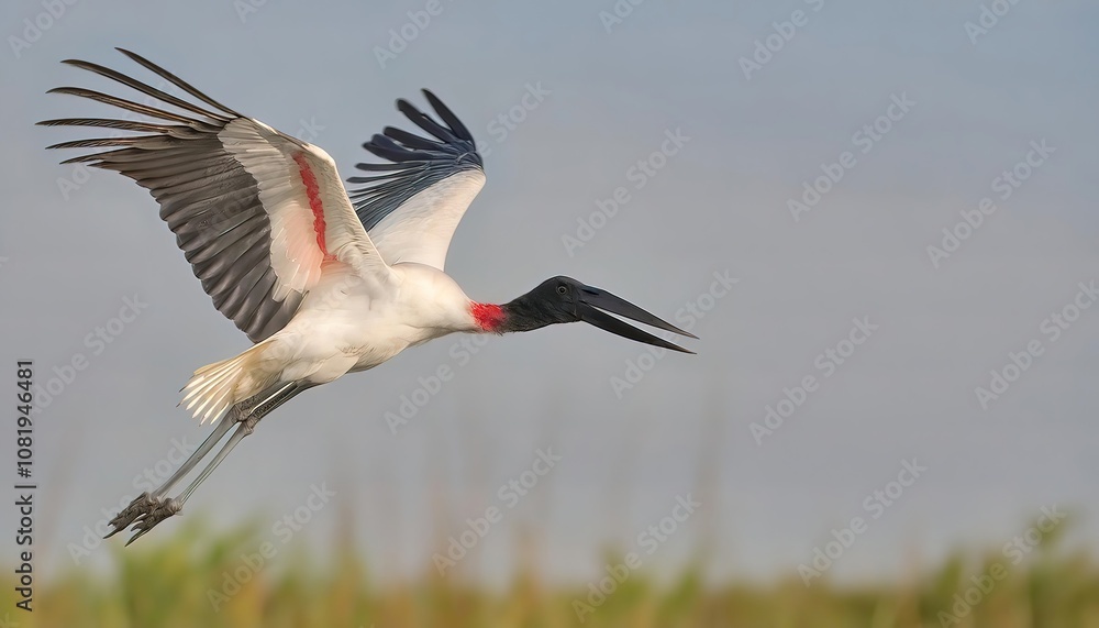 Obraz premium Jabiru stork - Jabiru mycteria - are large, long legged, long necked wading birds with long, stout bills. they use soaring, gliding flight, which conserves energy that requires thermal air currents