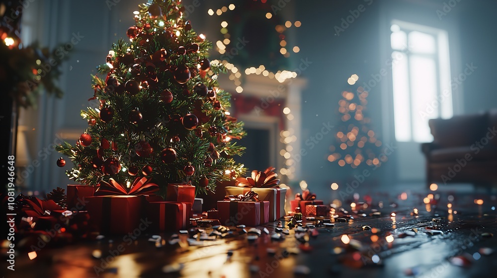 Christmas Tree and Gifts Boxes on a Festive Background. Christmas Tree and Gifts Boxes on a Festive Background.