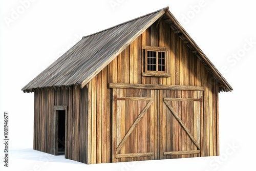 Wooden barn with a small window and large doors.