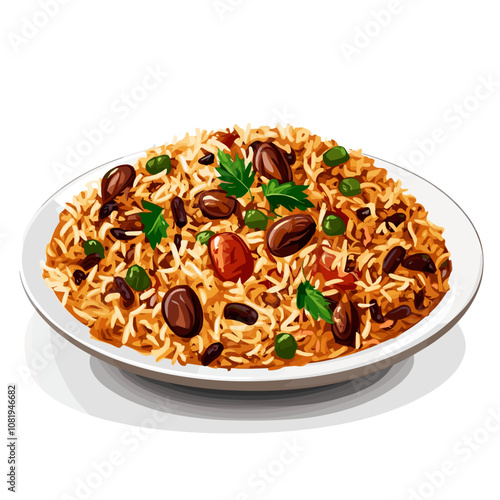 Traditional Afghan Kabuli Pulao with Nuts and Raisins in White Bowl