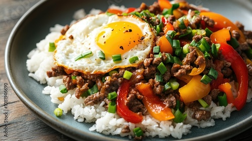 Stir Fried Beef with Bell Peppers and Fried Egg