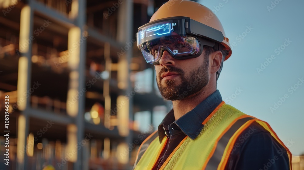 Fototapeta premium Advanced wearable tech utilization by construction worker job site portrait urban environment professional innovation