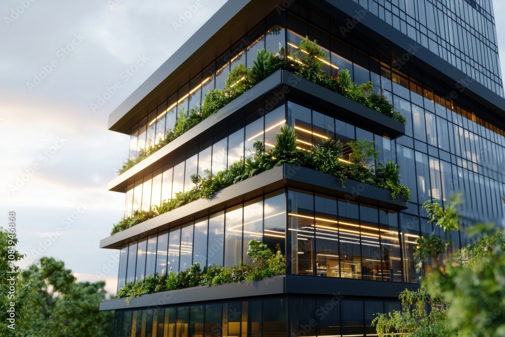 Obraz premium Modern office building design urban environment editorial photography green architecture contemporary viewpoint