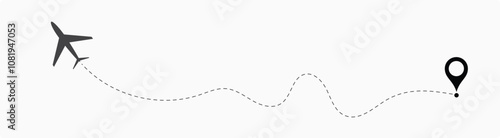 air plane reach in the destination. air plane route. airplane location. destination. reach. landing. dotted line.