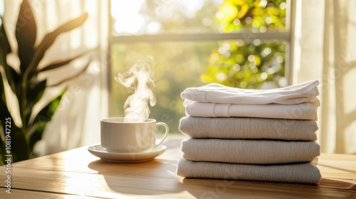 Morning routine freshly folded clothes on wooden table cozy home soft natural light relaxed atmosphere