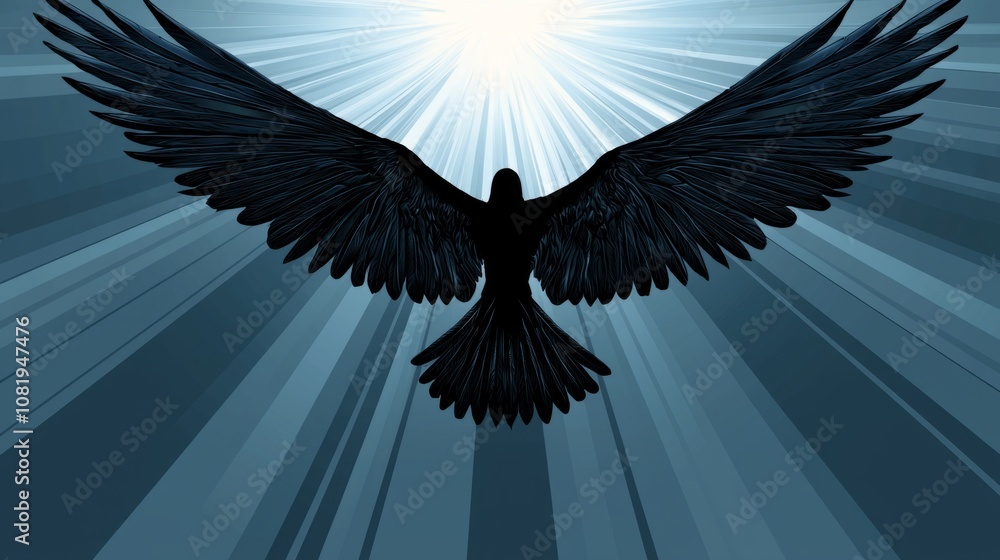 Naklejka premium A silhouetted bird with long wings soaring against a radiant light backdrop, capturing a moment of freedom and grace in flight