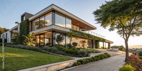 Stunning Double Exposure Photography of Modern Architecture Featuring a Stylish House with Large Windows Surrounded by Lush Greenery Under a Clear Blue Sky