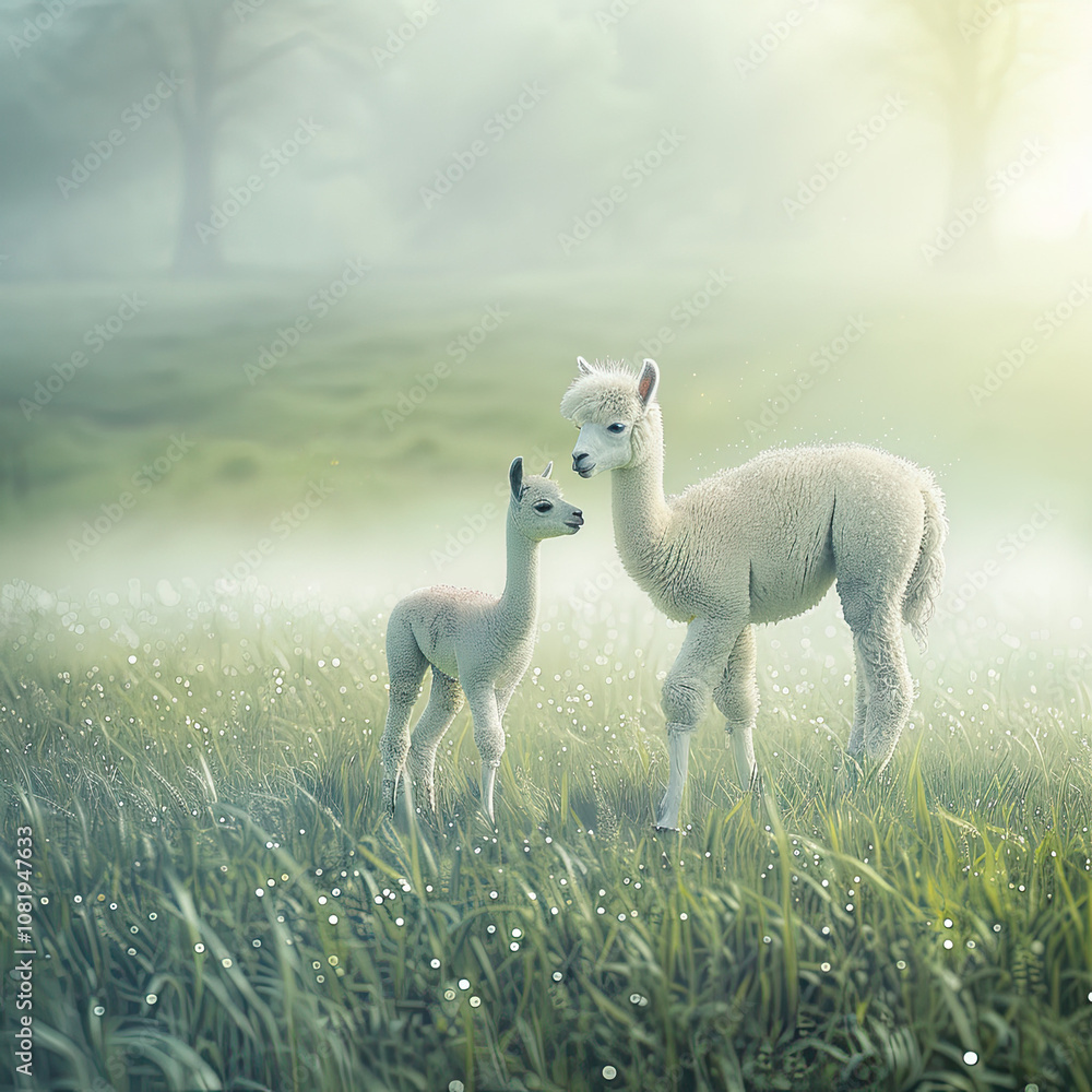 Alpacas with Cria in Misty Field at Dawn – Wildlife Scene Alpacas with Cria in Misty Field at Dawn – Wildlife Scene