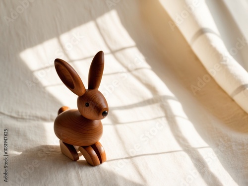 Charming handcrafted wooden rabbit toy is illuminated by natural sunlight on a soft linen background. photo