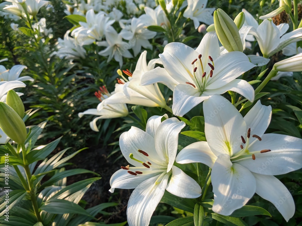 Stunning Drone Photography of White Lilies in a Beautiful Summer Garden, Capturing Macro Details of Lush Greenery and Delicate Petals for Nature Lovers